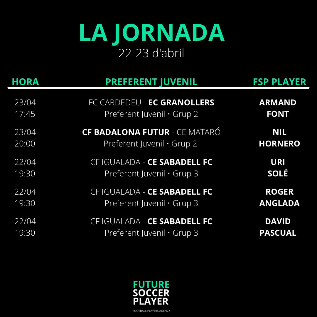 fsp_management's tweet photo. Els partits dels nostres jugadors d’aquest cap de setmana. Molta sort a tots! 💪🏼 #WeAreFSP https://t.co/kZQb6hEx5z