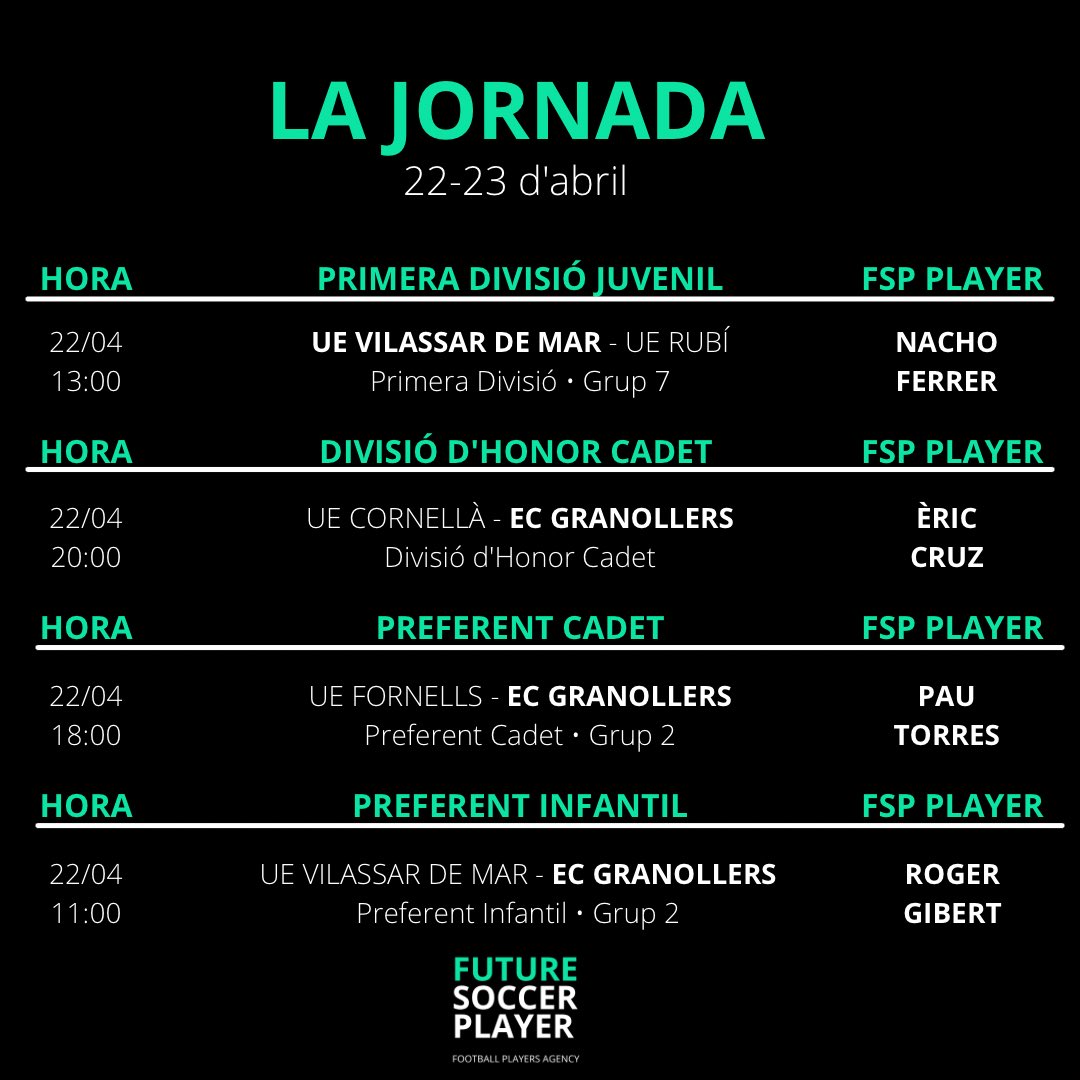 fsp_management's tweet photo. Els partits dels nostres jugadors d’aquest cap de setmana. Molta sort a tots! 💪🏼 #WeAreFSP https://t.co/kZQb6hEx5z
