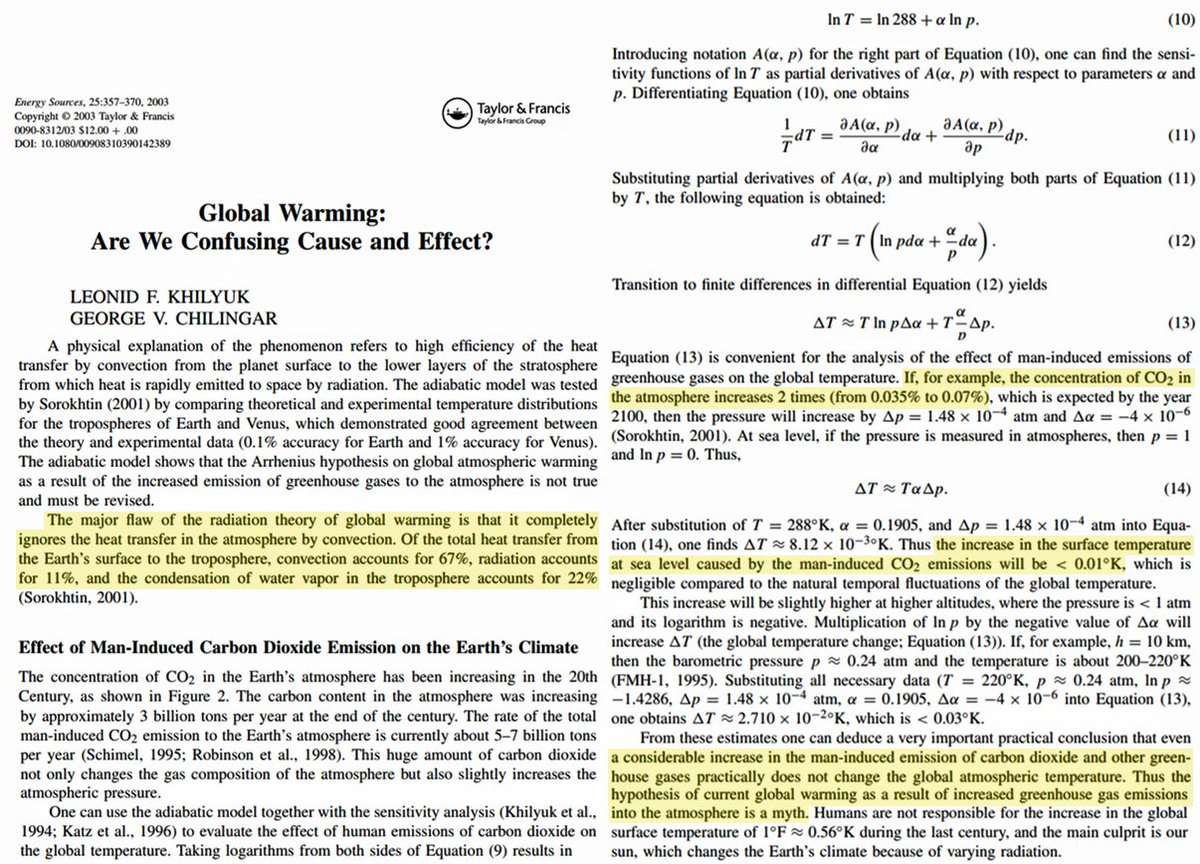Elpis_R's tweet photo. Étude 2003 :

“L’hypothèse selon laquelle le réchauffement climatique actuel serait dû à l’augmentation des émissions de gaz à effet de serre dans l’atmosphère est un mythe.” Sensibilité climatique à CO2x 2 = <0.01°C.
https://t.co/P53eKcS9Ek https://t.co/GxV2Jx5r6S