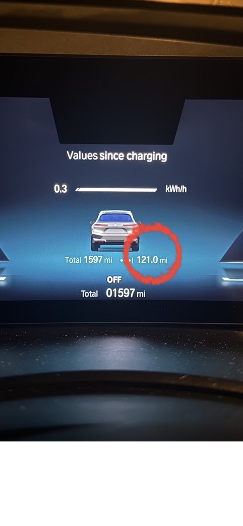 ScottAFerguson's tweet photo. @SeenThruGlass @BMW I had a 40 M Sport to try out for a few days. Decision to go for one had pretty much been made but wanted to confirm real-world range. Drove it as I would normally except the odd pull to see acceleration. This is what I got from a full charge. 50 is the only option but £25k more. https://t.co/Qkzez08N8N