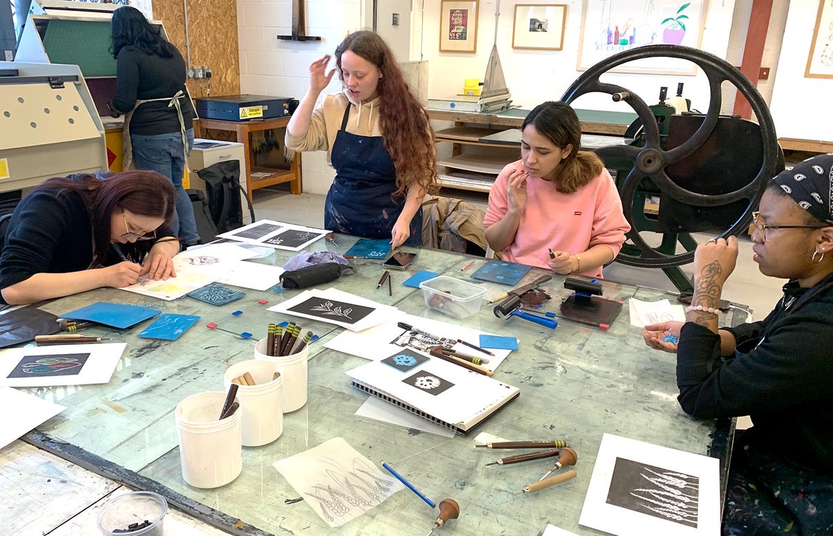 CoventryGDMA's tweet photo. Highlights from semester 2 @coventry_print_studio 
Exploring lino cut printmaking and chine collé. Part 2 of a packaging design workshop. https://t.co/S3nykpPPjU
