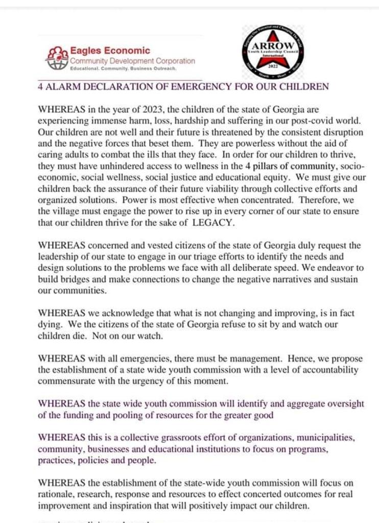 We are declaring a STATE OF EMERGENCY FOR OUR CHILDREN!! To join our narrative shifting effort email at info@eagleseconomiccdc.org