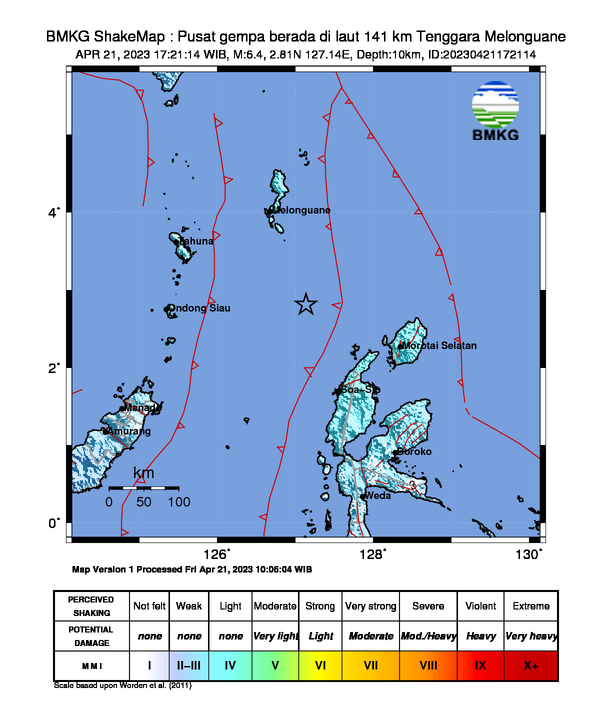 infoBMKG's tweet photo. #Gempa (UPDATE) Mag:6.4, 21-Apr-23 17:21:14 WIB, Lok:2.81 LU, 127.14 BT (Pusat gempa berada di laut 141 km Tenggara Melonguane), Kedlmn:10 Km Dirasakan (MMI) III Morotai Selatan, III Galela, II - III Ternate, III Tobelo #BMKG https://t.co/rDWimDMob6