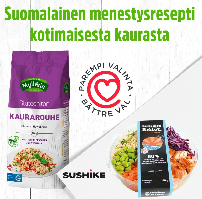 HelsinginMylly's tweet photo. 50 % vähemmän kaloreita ja hiilihydraatteja kuin tavallisessa #sushi bowlissa! Siinä Sushiken lupaus sushin ystäville.👍Tiesitkö, että sen valmistuksessa käytetään #Myllärin #gluteeniton'ta #kaura'rouhetta?
#sushike #suomalainenmenestysresepti #sydänmerkki #parempivalinta https://t.co/UYphDPaBTM