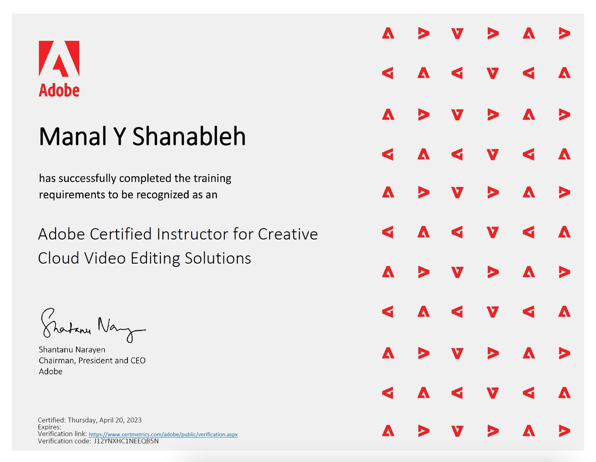 manal_shanableh's tweet image. PROUD TO ANNOUNCE!

Adobe Certified Instructor - Creative Cloud Video Editing Solutions 

الحمدلله، تم حصولي على شهادة الاعتماد الجديدة من أدوبي لتطبيقات كريتف كلاود للفيديو .. نقطة انطلاق جديدة لخدمة مجتمع المصممين... ارحب بالجميع

credly.com/earner/earned/…
