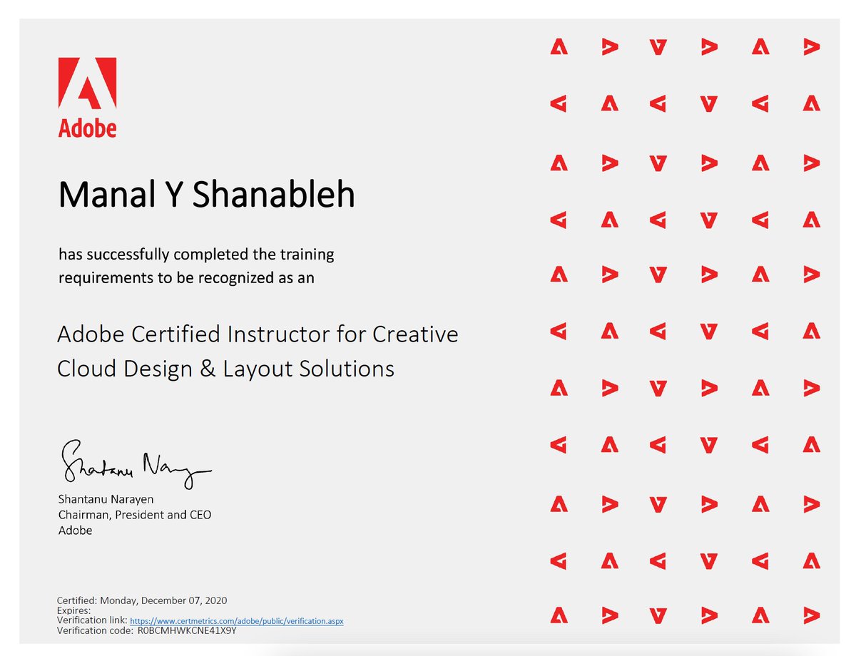 manal_shanableh's tweet image. PROUD TO ANNOUNCE!

Adobe Certified Instructor - Creative Cloud Video Editing Solutions 

الحمدلله، تم حصولي على شهادة الاعتماد الجديدة من أدوبي لتطبيقات كريتف كلاود للفيديو .. نقطة انطلاق جديدة لخدمة مجتمع المصممين... ارحب بالجميع

credly.com/earner/earned/…