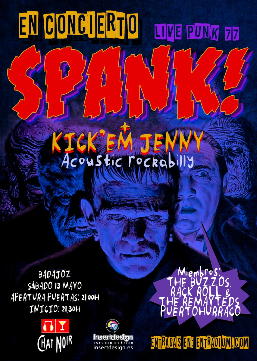 SPANK! Concierto debut, BADAJOZ 13 MAYO. Con miembros de THE BUZZOS, RACKROLL AND THE REMAYTEDS y PUERTOHURRACO. Punk Rocl ´77: Pistols, Dead Boys, Stooges, Buzzcocks, Damned, Johnny Thunders, Professionals, etc
entradium.com/events/spank-e…