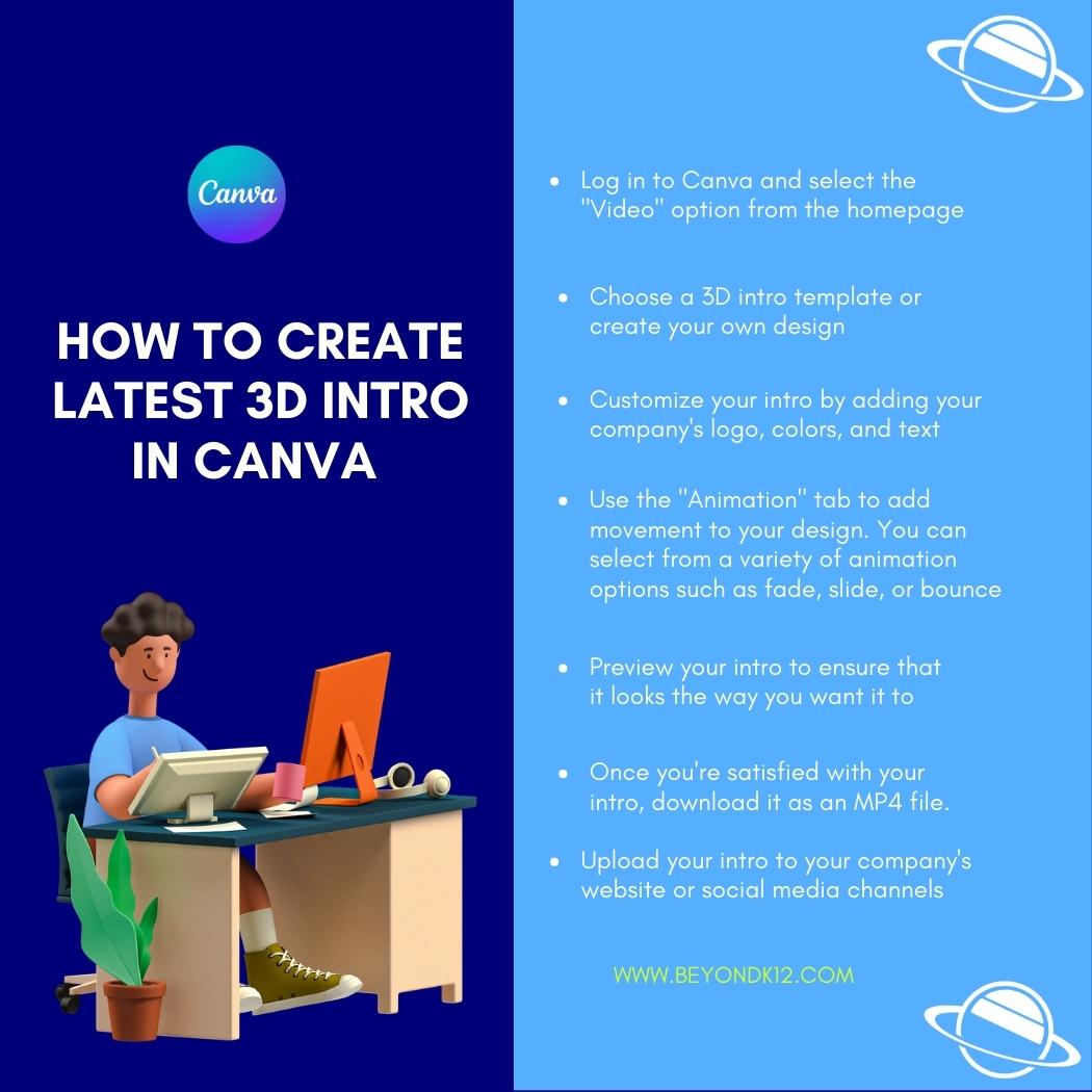 beyondk12's tweet image. Check out our latest 3D intro created using Canva! With just a few simple steps, we were able to create a professional-looking intro that perfectly showcases our brand. #CanvaTutorial #3DIntro #BeyondK12