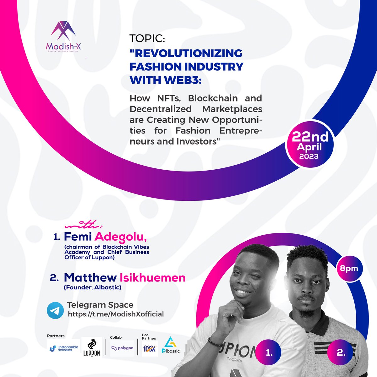 modishx_io's tweet photo. Join the Modish X Telegram Space tonight at 8 PM for a discussion on how #NFTs, #blockchain, &amp; #decentralized marketplaces are revolutionizing the #fashion industry. Don't miss out on insights from industry experts, @_jboflagos &amp;  @MattyWonder1 

JOIN HERE
https://t.co/6tFgUS48Ou https://t.co/RJ41ZblrmL