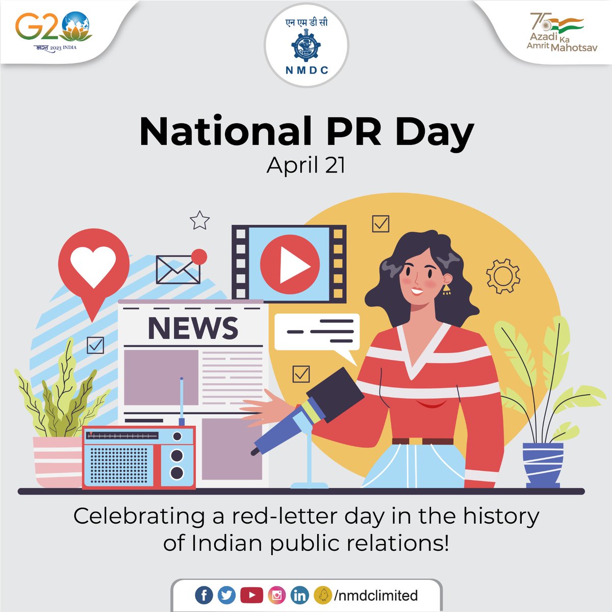 Celebrating the role of PR and communication professionals in shaping and building narratives, NMDC conveys its best wishes and greetings to the PR fraternity.

#NMDC #Greetings #PRDay #NationalPRDay
