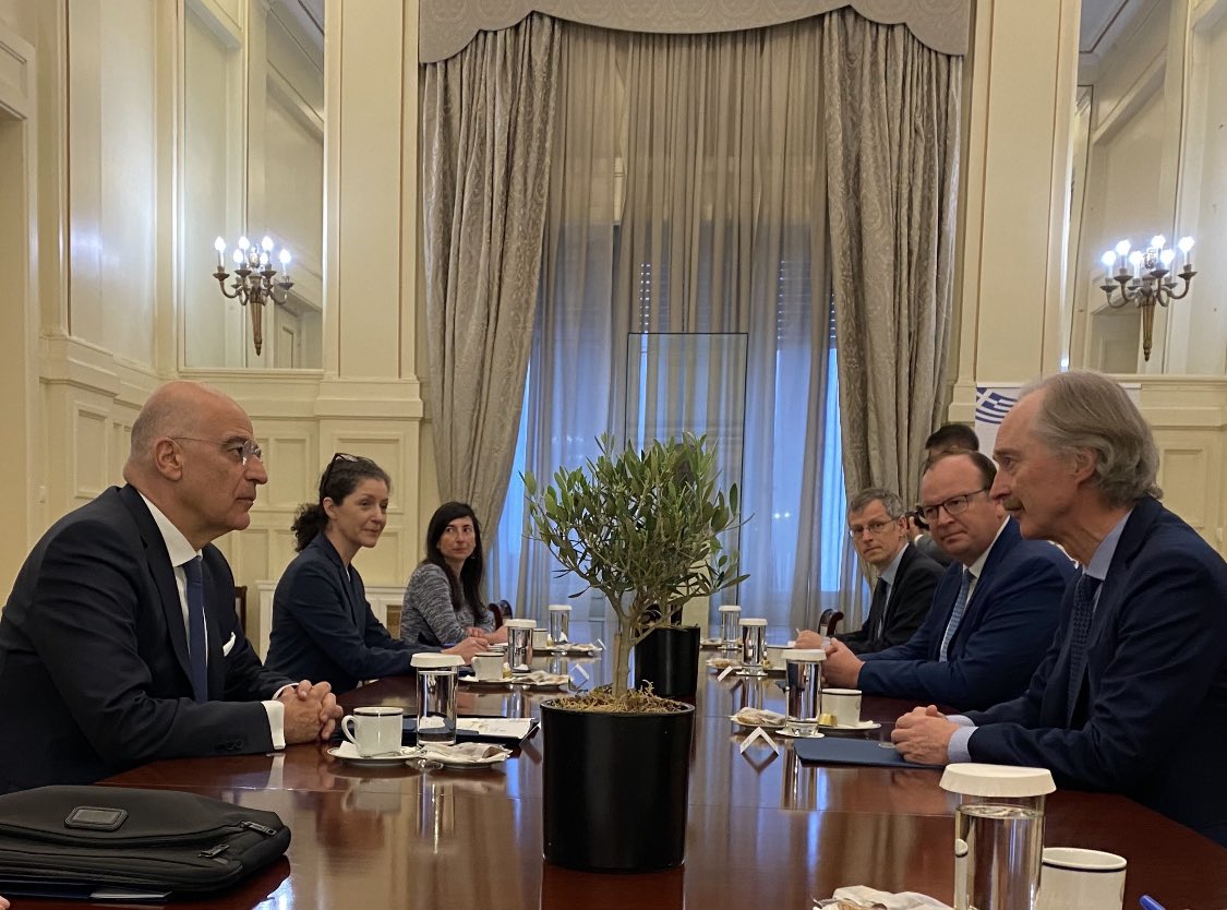 .<a href="/GeirOPedersen/">Geir O. Pedersen</a> Appreciate timely &amp; comprehensive exchange of views with FM Dendias on latest developments on Syria ahead of my briefing to Athens-hosted meeting of EU Envoys &amp; Representatives.