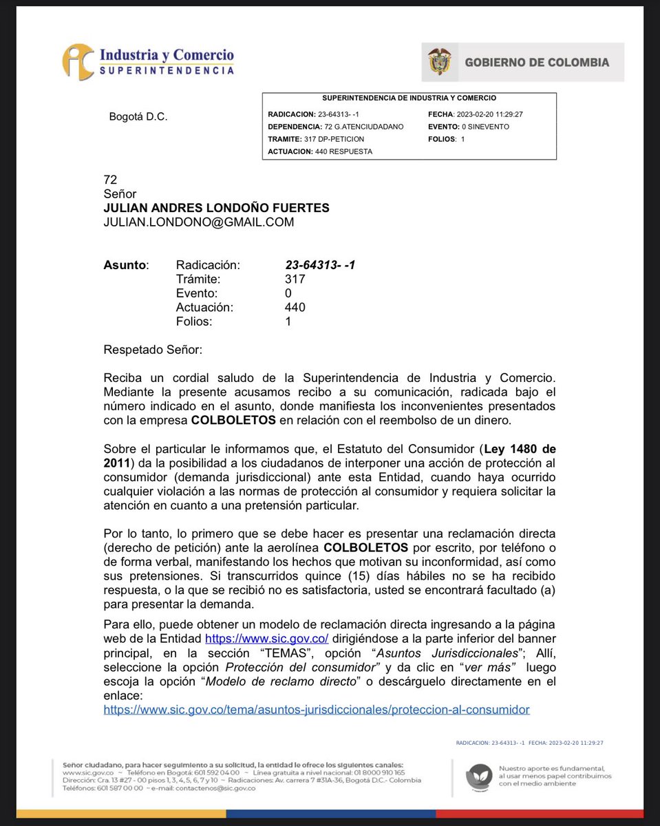 jlondonof's tweet photo. @Colboletos seguimos sin respuesta después de 4 meses para la devolución del dinero en camino de demanda a la @sicsuper @MamerMoure @MdeFrancisco12 https://t.co/a8OrSl44CT