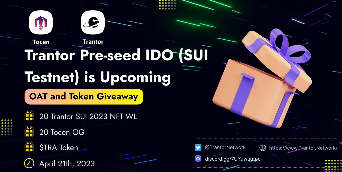 TrantorNetwork's tweet photo. 🎊Congratulations on the successful collaboration with @tocen__  to develop the #omnichain ecosystem on #Sui.

🏆OAT holders will have a chance to receive:
🎁20 Free NFT WL from #Trantor
🎁20 OG from Tocen
🎁Tokens from Trantor

❗FCFS so do it NOW 
https://t.co/fbQiW3YvRj https://t.co/GZyX5PGi00