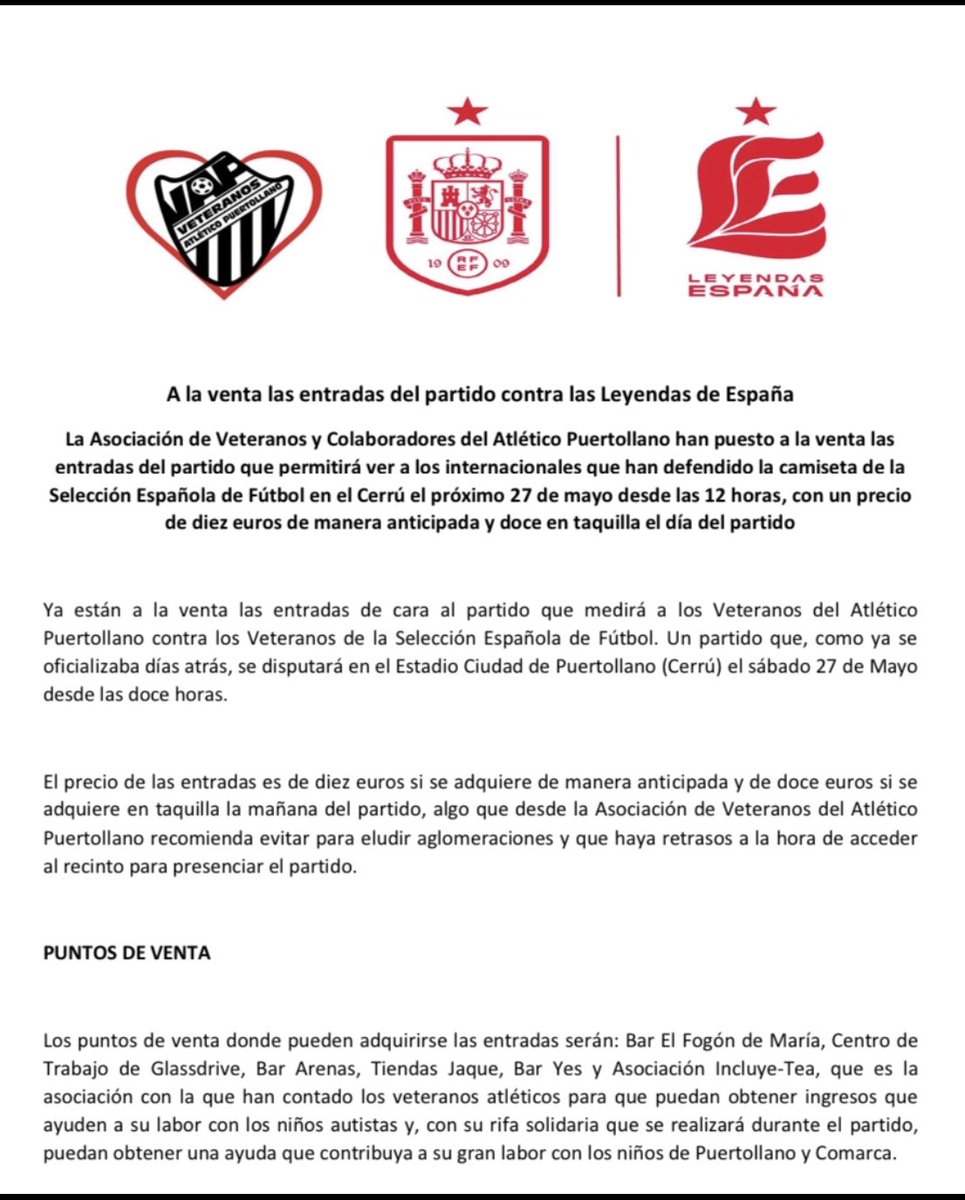 A la venta las entradas del partido ante las <a href="/leyendasespana/">Leyendas España</a> 

Recordamos que el precio de la facturación entrada de manera anticipada es de 10 euros!

El partido se jugará el 27 de Mayo desde las 12 en el Cerrú!

Contamos contigo!