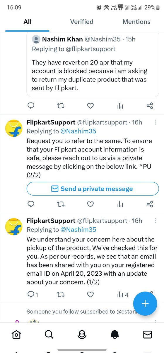 Nashim35's tweet photo. @flipkartsupport Today I got the message again that product can't be picked. called the executive he said it's costly product and they can't pick up. It's been more than a month. I contacted for support they blocked my account. They are so rigid that tweeting doesn't bother them. https://t.co/WOYgBFLG3R