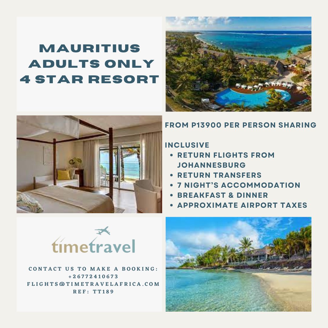 Need a get away for you and your partner, Mauritius has a beautiful  special for adults only holiday.

Contact us to make your booking:

+26772 410 673
flights@timetravelafrica.com
#stickwithmeandiwillshowyoutheworld #timetravelagency #mauritius #adultsonlyresort