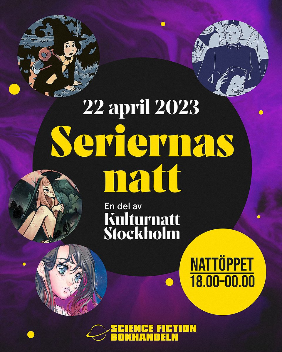 Imorgon (lördag 22/4) går @KulturnattSthlmt av stapeln. Serier tar över vår butik i Gamla Stan. Mellan 18.00-24.00 bjuds det på livetekning, musik, panelsamtal och mycket mer. Följ länken för att se hela programmet⬇️

kulturnattstockholm.se/event/seriekon…