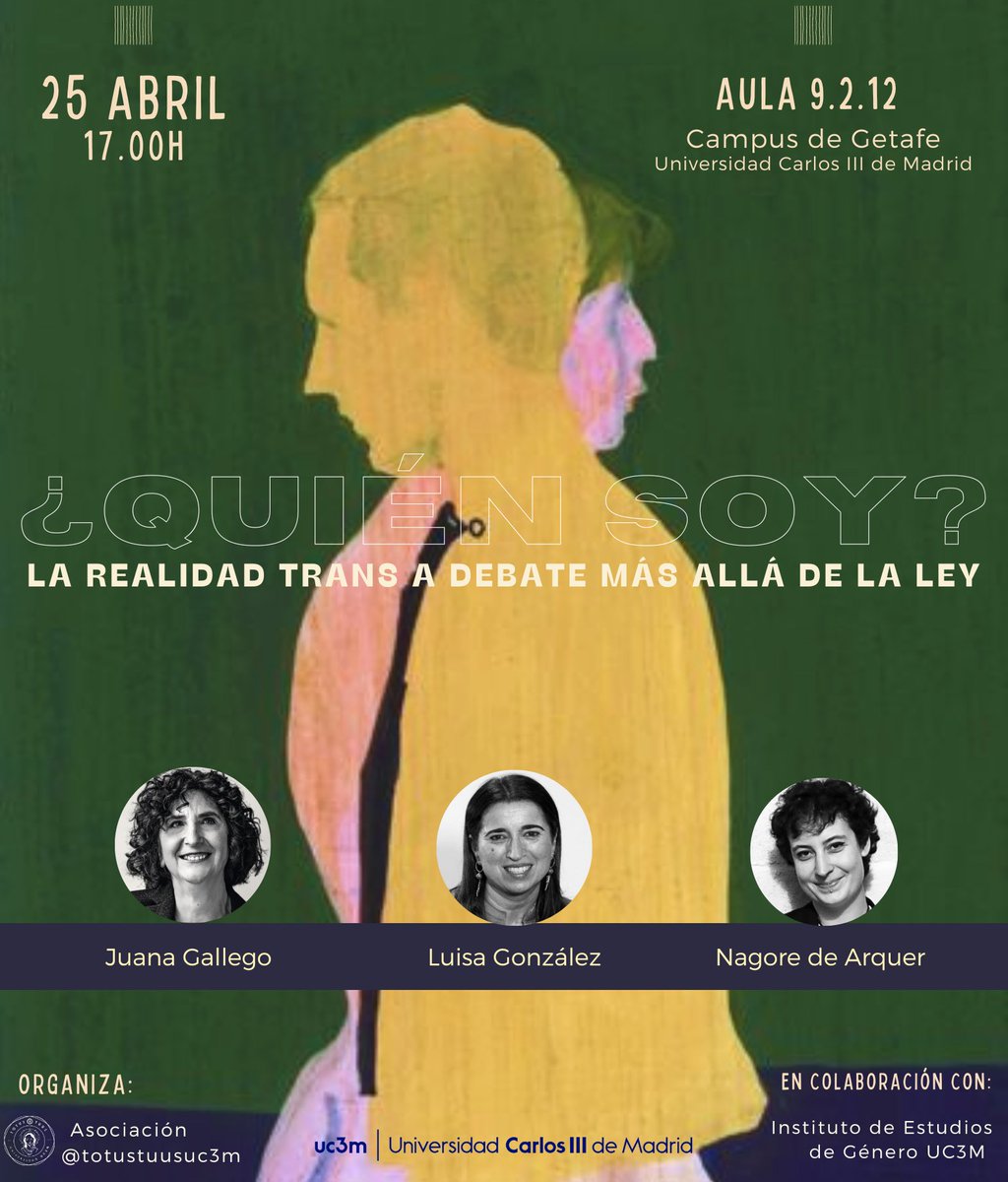 iegUC3M's tweet photo. Charla coloquio "¿Quien soy? La realidad trans a debate más allá de la Ley" colaborando con la Asociación de estudiantes Totus Tuus UC3M @totustuusuc3m
🗓25 abril
⏰17:00h
🏛Campus de Getafe UC3M https://t.co/rCBsvElHeO