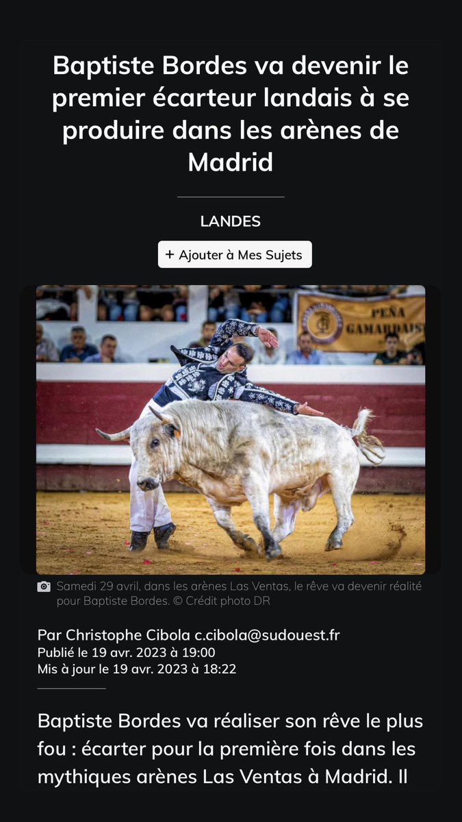 Je suis très fier de vous annoncer que j'aurai la chance de me produire et de représenter la Course Landaise dans les Immenses Arènes de Las Ventas de Madrid. 
Un rêve qui devient réalité. 
<a href="/sudouest/">Sud Ouest</a> @Bleu_Gascogne @France3tv <a href="/LasVentas/">Plaza de Las Ventas</a>