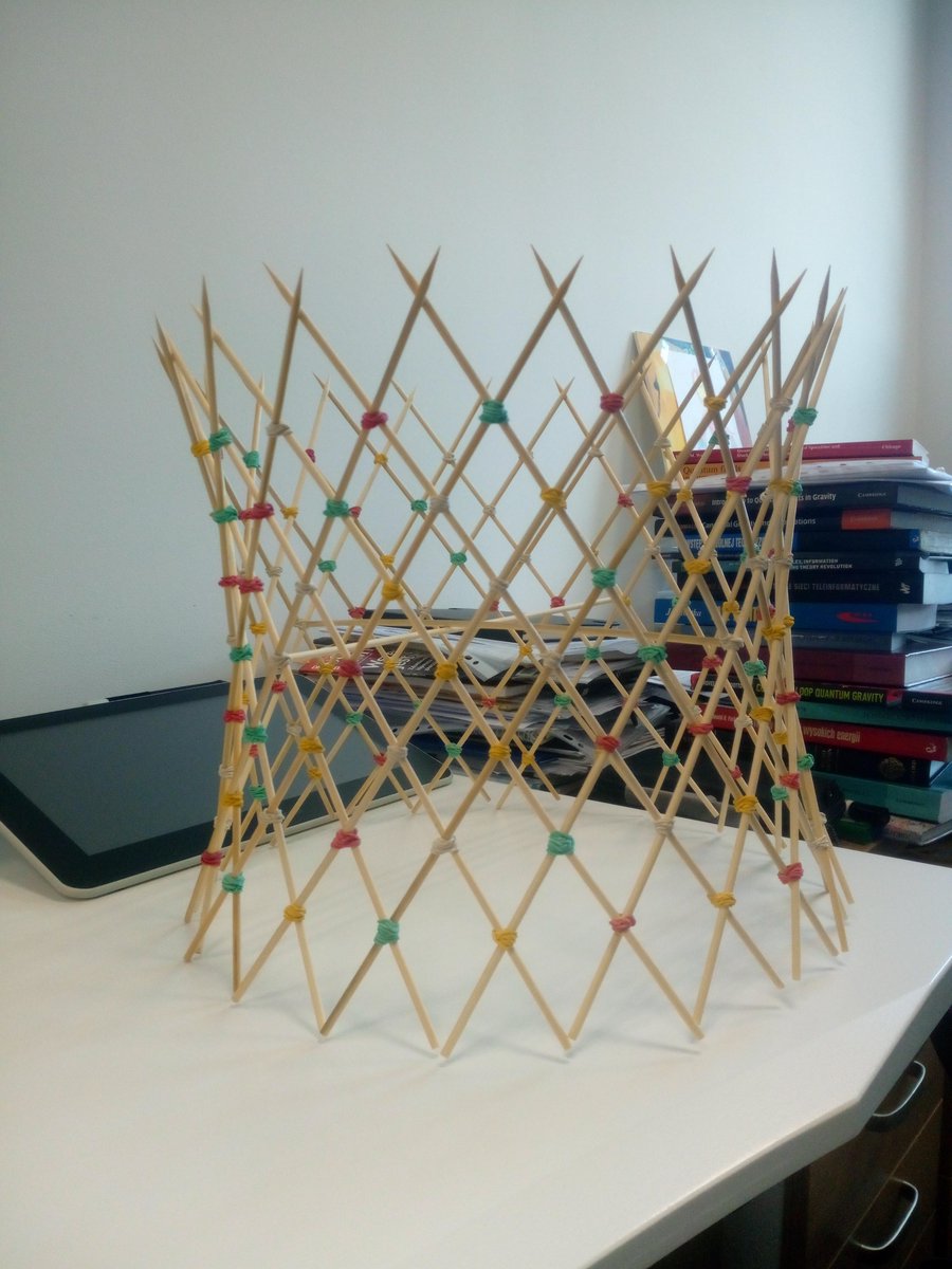 MielczarekJakub's tweet photo. Made an effort to build a model of de Sitter spacetime (hyperboloid). Love the shape primarily because it is a curved surface made of straight lines. #spacetime #geometry #hyperboloid https://t.co/A0ZfBCaLVo