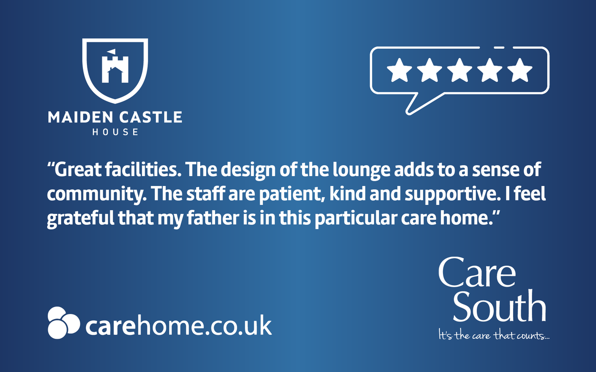 CareSouthUK's tweet photo. Check out this #FiveStarFriday #review from a daughter of a #MaidenCastleHouse resident:

"Great facilities. The staff are patient, kind and supportive. I feel grateful that my father is in this particular care home."

⭐⭐⭐⭐⭐

 #FoodFunFriendship #CareSouthUK https://t.co/ORfovNSlt8