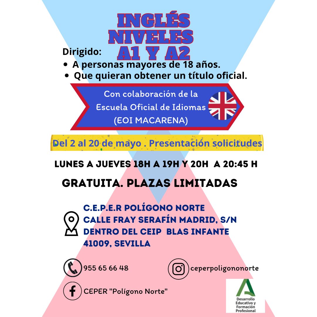 c_poligono's tweet photo. En este nuevo curso 2023/24 podrás obtener el certificado A1 y A2  del idioma ingles en el CEPER POLÍGONO NORTE en colaboración con el EOI Macarena. ¡¡¡¡¡¡PLAZAS LIMITADAS!!!!!!📌🖍️ https://t.co/4CBfODlpJN