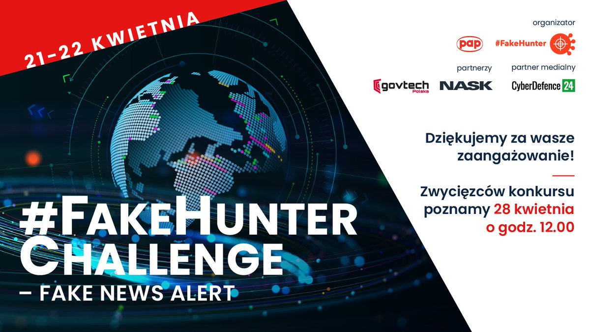 PAPMediaRoom's tweet image. Zakończyliśmy PAP #FakeHunter Challenge!
Dziękujemy, że byliście z nami! Ogłoszenie wyników konkursu: 28 kwietnia godz. 12.00 bit.ly/40rgKST 
Partnerami wydarzenia są: @GovTechPL @NASK_pl Patronat medialny @CyberDefence24 @PAPFakeHunter #papmediaroom