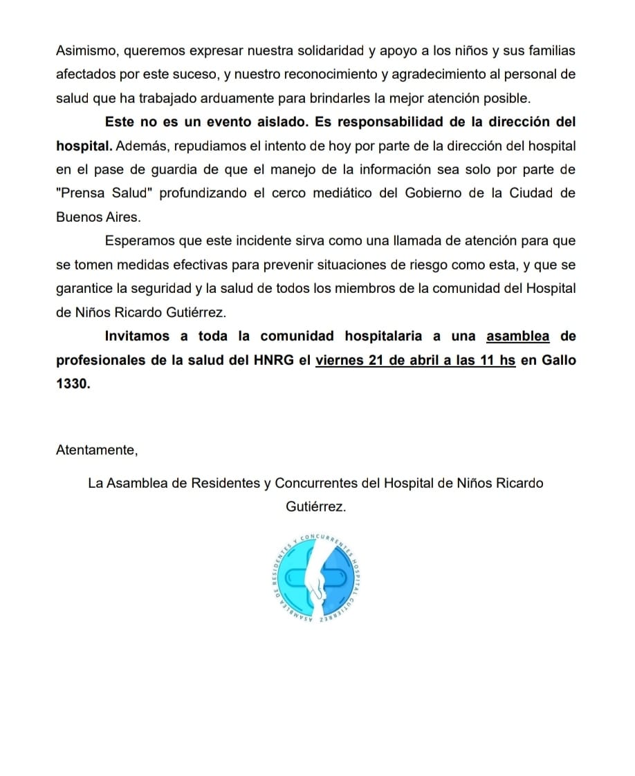 Ante los hechos de público conocimiento, convocamos a la comunidad hospitalaria del HNRG a una asamblea de profesionales el día de hoy a las 11 hs
#HospitalesPorteñosEnTerapia