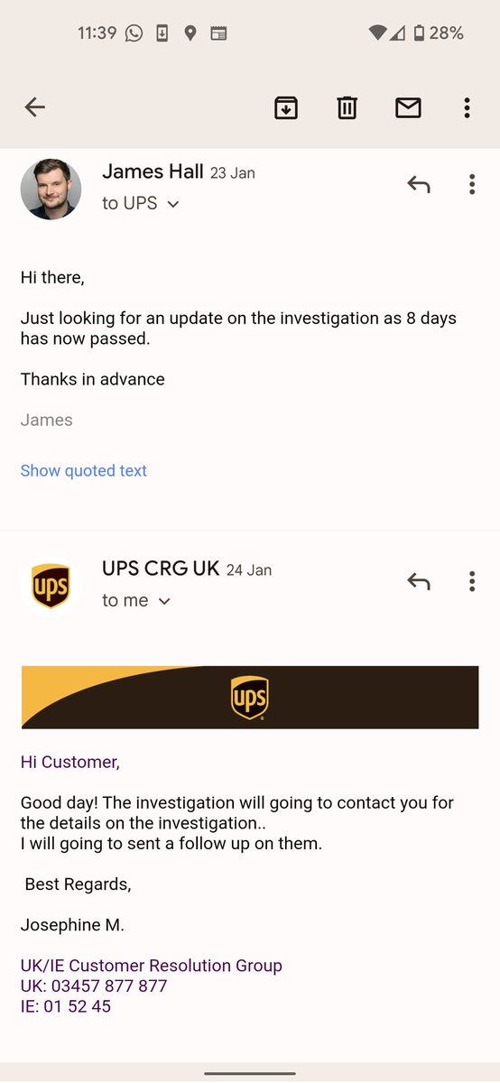 james_a_hall's tweet photo. @UPS_UK finally paid my compensation today after losing my Grandparent's Xmas presents in December. It's taken 4 months. I can't believe how poor the customer service has been in trying to resolve this. See photos below. https://t.co/r6yGV9QTQ9
