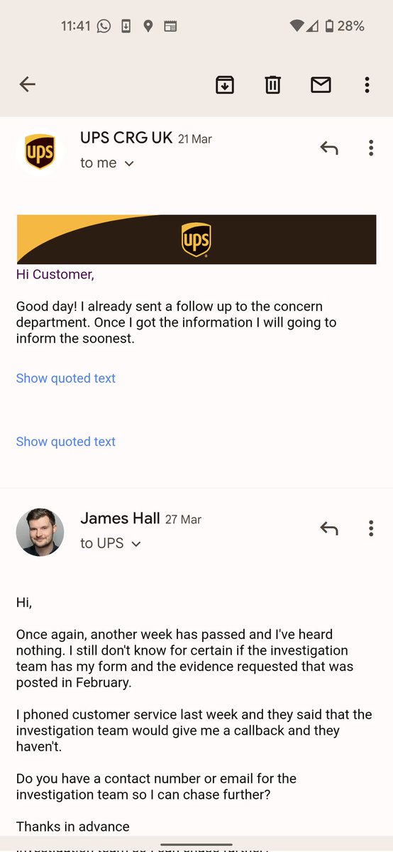 james_a_hall's tweet photo. She never once gave the investigation's email address which was posted to me on 21st March. After emailing investigations they appear to have resolved the issue. Any extra compensation for the hours I have wasted with this @UPS_UK https://t.co/f1kCCpvAXE