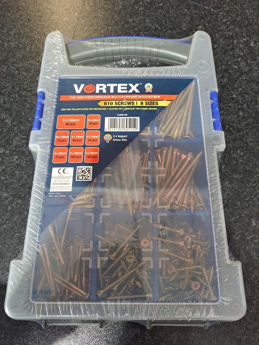 Vortex Woodscrew Site Case in stock at NES Case contents: 5 x 100mm (80pcs), 5 x 80mm (30pcs), 5 x 70mm (55pcs), 4.5 x 50mm (70pcs), 4 x 70mm (60pcs), 4 x 50mm (75pcs), 4 x 40mm (100pcs), 4 x 30mm (140pcs) and 4 Impact Driver Bits.
ow.ly/qQt250NOQ2B #woodscrews #NES #fixing