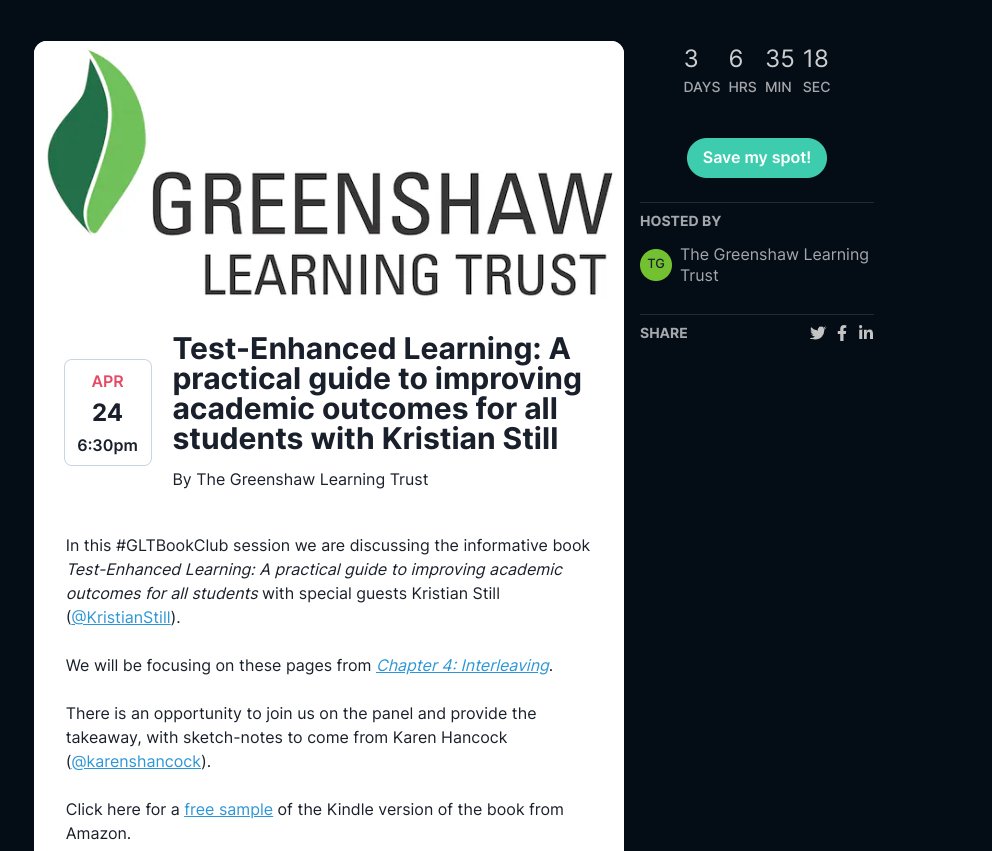 KristianStill's tweet photo. Looking ahead to next week with the 📚 #GLTBookClub @GreenshawTrust - note to self, re-read Ch4 on interleaving. All too often the topic teachers want to better understand. @Noni_Rainbow
@DaveTushingham https://t.co/R7e1pDcuZN