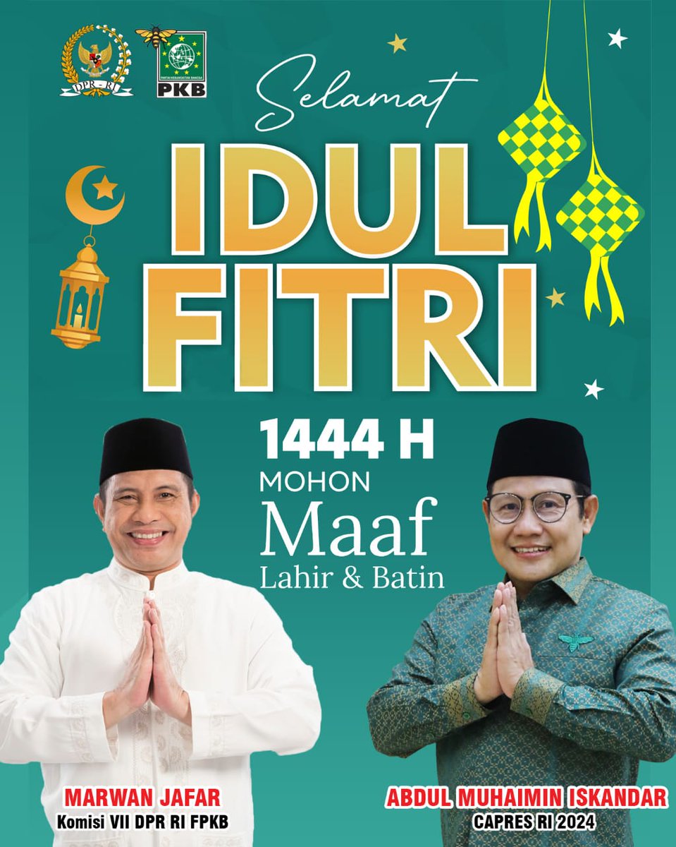 Selamat Hari Raya Idul Fitri Taqabbalallahu minna wa minkum taqabbal ya kariim ja'alanallahu wa iyyakum minal aidin al faizin mohon maaf lahir batin
<a href="/marwan_jafar/">Marwan Jafar</a> 
<a href="/cakimiNOW/">A Muhaimin Iskandar</a> 
<a href="/DPP_PKB/">DPP PKB</a>