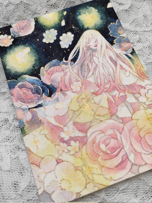 ATC(64x89mm)/アクリル/マーメイドボード「花咲く夜に星と踊る」#nanao_mayu #ATCつくりました 