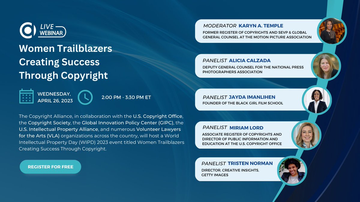 The Copyright Alliance, along with the U.S. <a href="/CopyrightOffice/">US Copyright Office</a>, @GlobalIPCenter, @TheCSUSA, <a href="/USIPalliance/">USIPA</a>, and the #VLAs, will host a #WorldIPDay panel on April 26 at 2 p.m. ET on "Women Trailblazers Creating Success Through #Copyright." Register today!  bit.ly/3nrDkx8