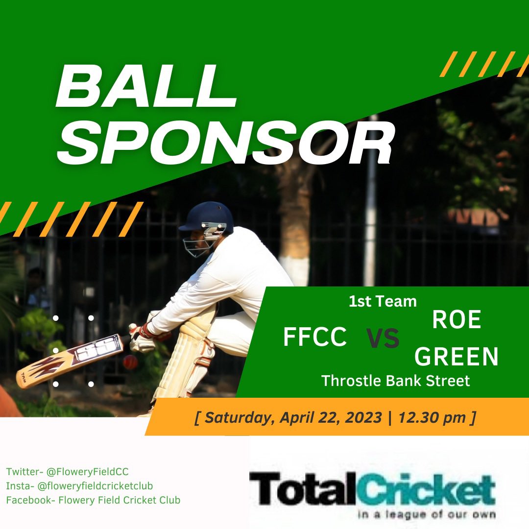 FloweryFieldCC's tweet photo. 1st Team ball sponsor for this weekend 🆚 @RoeGreenCricket is @Total_Cricket 
Go check them out if you want to book a cricket net or even buy new cricket gear ready for the season. https://t.co/8yeDC52iJZ