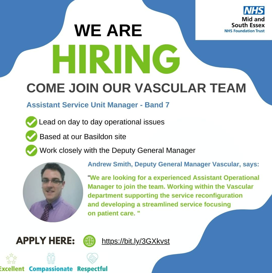 JoinMSEHospital's tweet photo. Are you an administrator looking for your next interesting and challenging role, then his could be for you!

Come support Andrew Smith, our Vascular Deputy General Manger, and lead on the Vascular services day to day issues.

Apply here; https://t.co/WoXA5qSZjV https://t.co/RL6aMdbQbl
