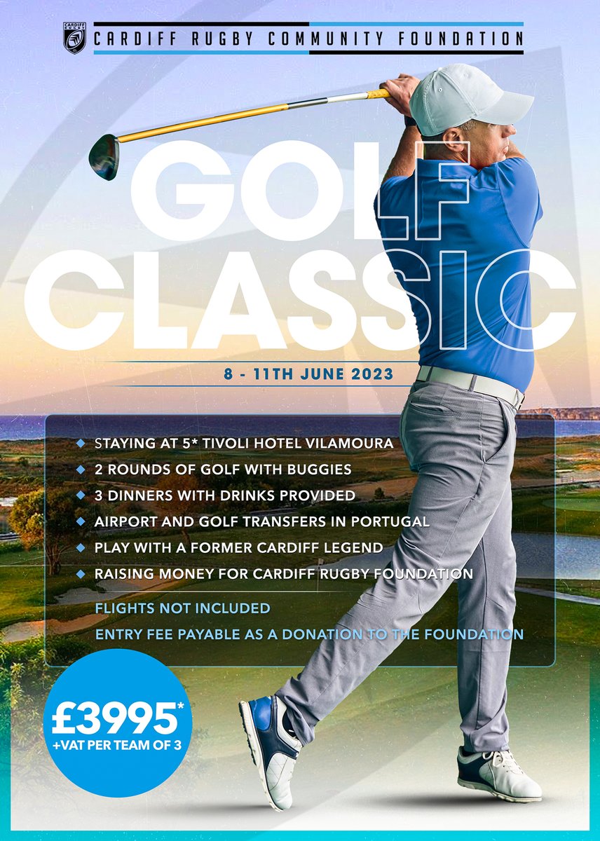 Team space available! Get in touch ASAP to book:
events@genero-group.co.uk
8-11 June 2023
5* Tivoli Hotel, Vilamoura
2 Rounds of golf, with buggies
Airport and Golf Course transfers in Portugal
Play with a former Cardiff Legend!
#cardiffrugbycommunityfoundation #cardiffrugby