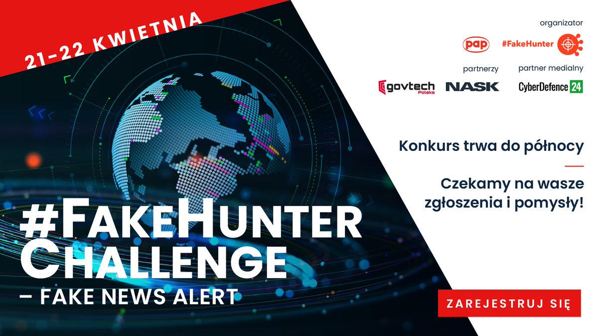 PAPMediaRoom's tweet image. Dzisiaj drugi dzień rywalizacji konkursowej PAP #FakeHunter Challenge! Zapraszamy do włączenia się do walki z dezinformacją w sieci. Nagrody czekają na najlepszych. Partnerami wydarzenia są: @GovTechPL @NASK_pl Patronat medialny @CyberDefence24 
@PAPFakeHunter #papmediaroom
