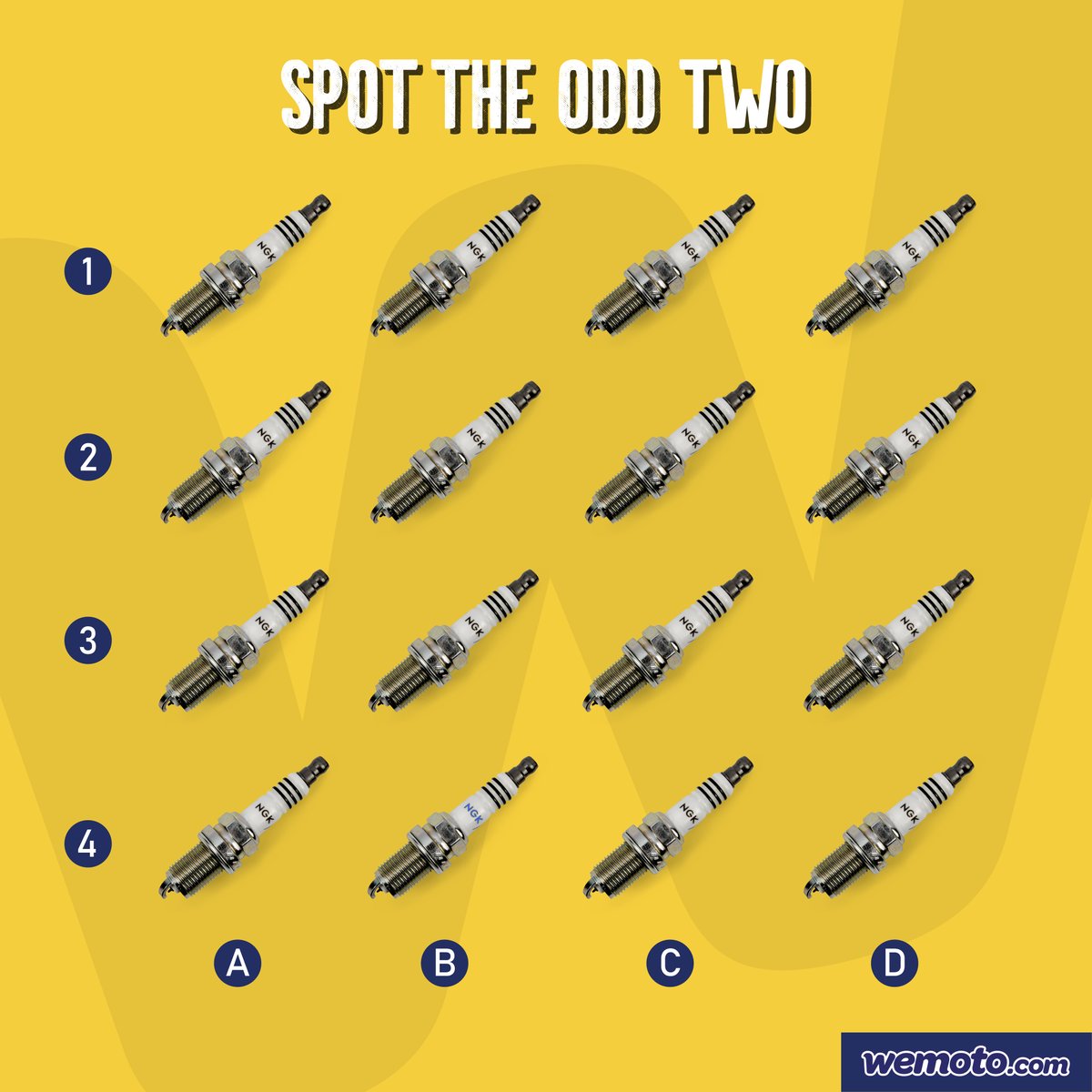 wemoto's tweet photo. Can you spot the two NGK spark plugs that do not match the restโ
Tag your friends to challenge them๐๏ธ
.
.
.
.
In need of new plugs? ...go to https://t.co/yWGlYoqtRm
#wemoto #minigame #motorcycleparts #bikeparts #motorcyclegames #bikersofinstagram #motochallenge
33w https://t.co/NbGsA6YOsN