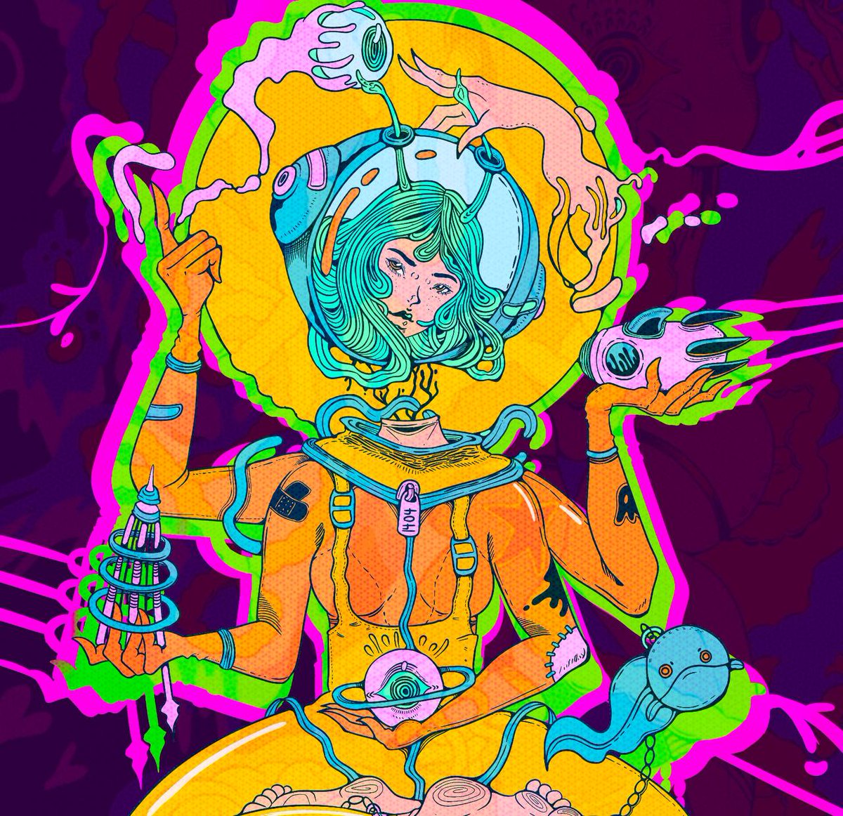 tororo_aoi27's tweet photo. We love a many-armed girl: A little poster done for @eatmepoptart's April 14 Party, We Are The People. I've been really taken with the space-cosmos-existential theme lately and this arrived at the perfect time.
#psychopop #procreate#surrealism #singapore #asianart https://t.co/nzQsfFEJmX
