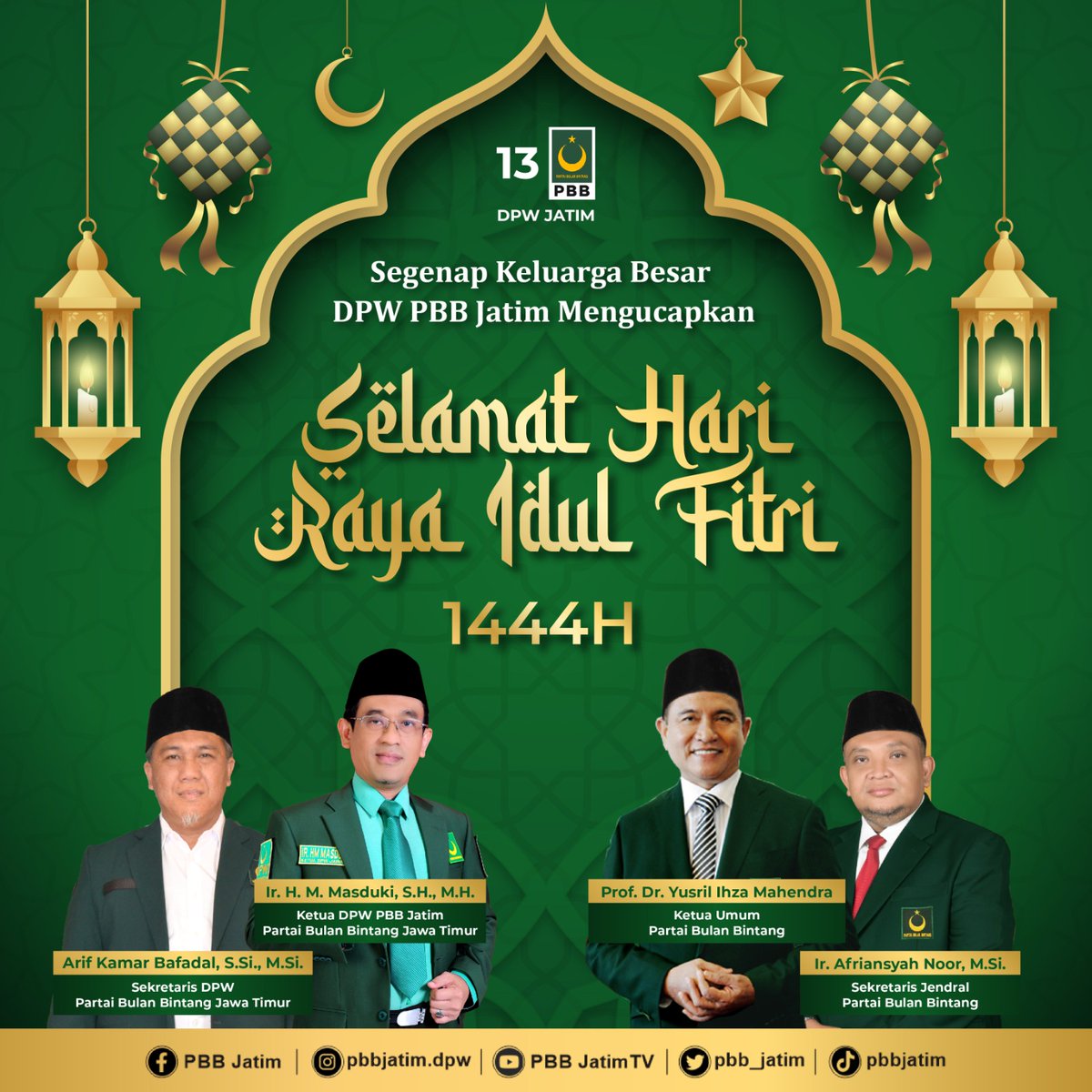 Segenap keluarga besar DPW PBB Jawa Timur mengucapkan Selamat Hari Raya Idul Fitri 1444 H

Taqabbalallahu minna Wa minkum taqabbal yaa kariim.. 

#idulfitri #idulfitri144h