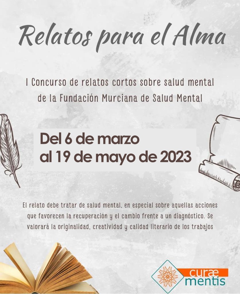 📢¡¡Ampliamos la fecha para la presentación de relatos cortos!!!👏👏

I Concurso de relatos cortos sobre salud mental de la Fundación Murciana de Salud Mental

📅 Del 6 de marzo al 19 de mayo

📕Bases: curaementis.com/i-concurso-de-…

Agradecimientos: a la escritora <a href="/marialosadag_/">María Losada</a>