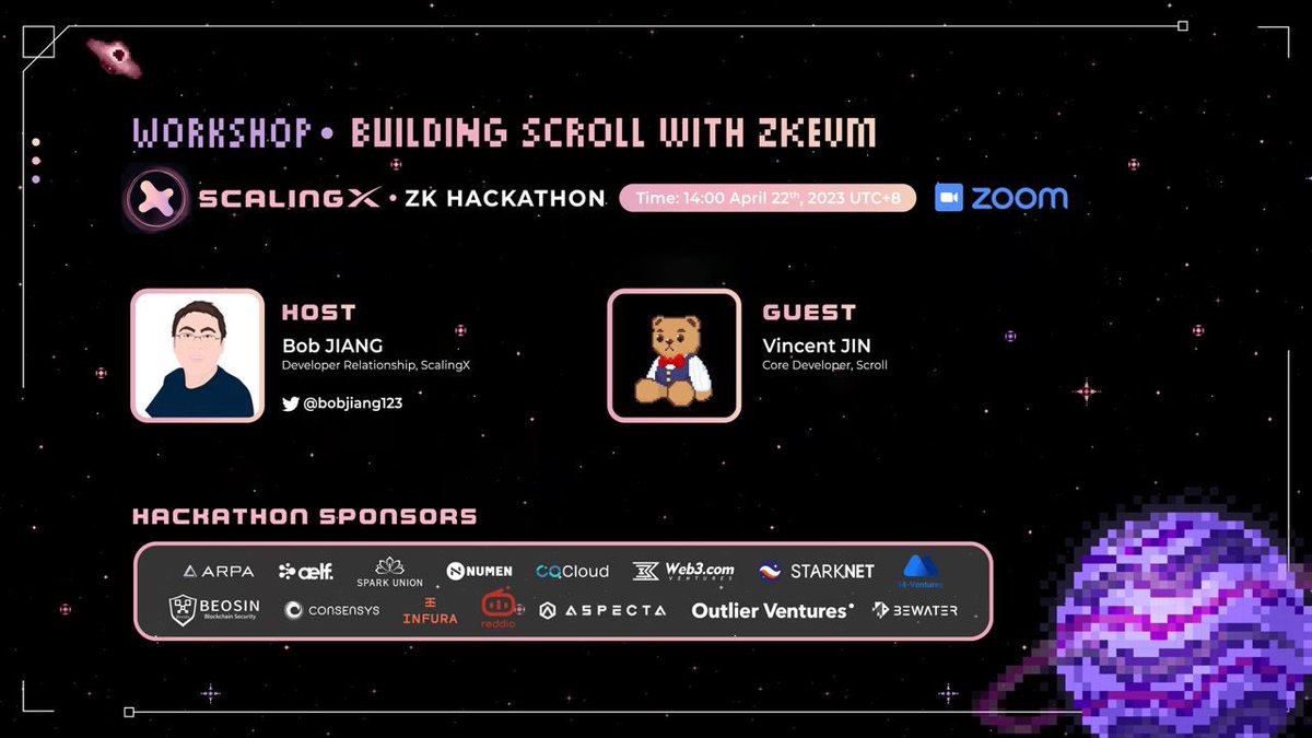 Hey #BUIDLers 👋🏻
This week, <a href="/bobjiang123/">bobjiang.eth | #ETHSydney</a> from our team will be hosting a workshop with our guest speaker Vincent Jin from <a href="/Scroll_ZKP/">Scroll</a> on the topic of building Scroll with #zkEVM. 
Get ready to taste the future of zero-knowledge scaling 😎

Join via Zoom 🔗 us06web.zoom.us/j/89950009310?…