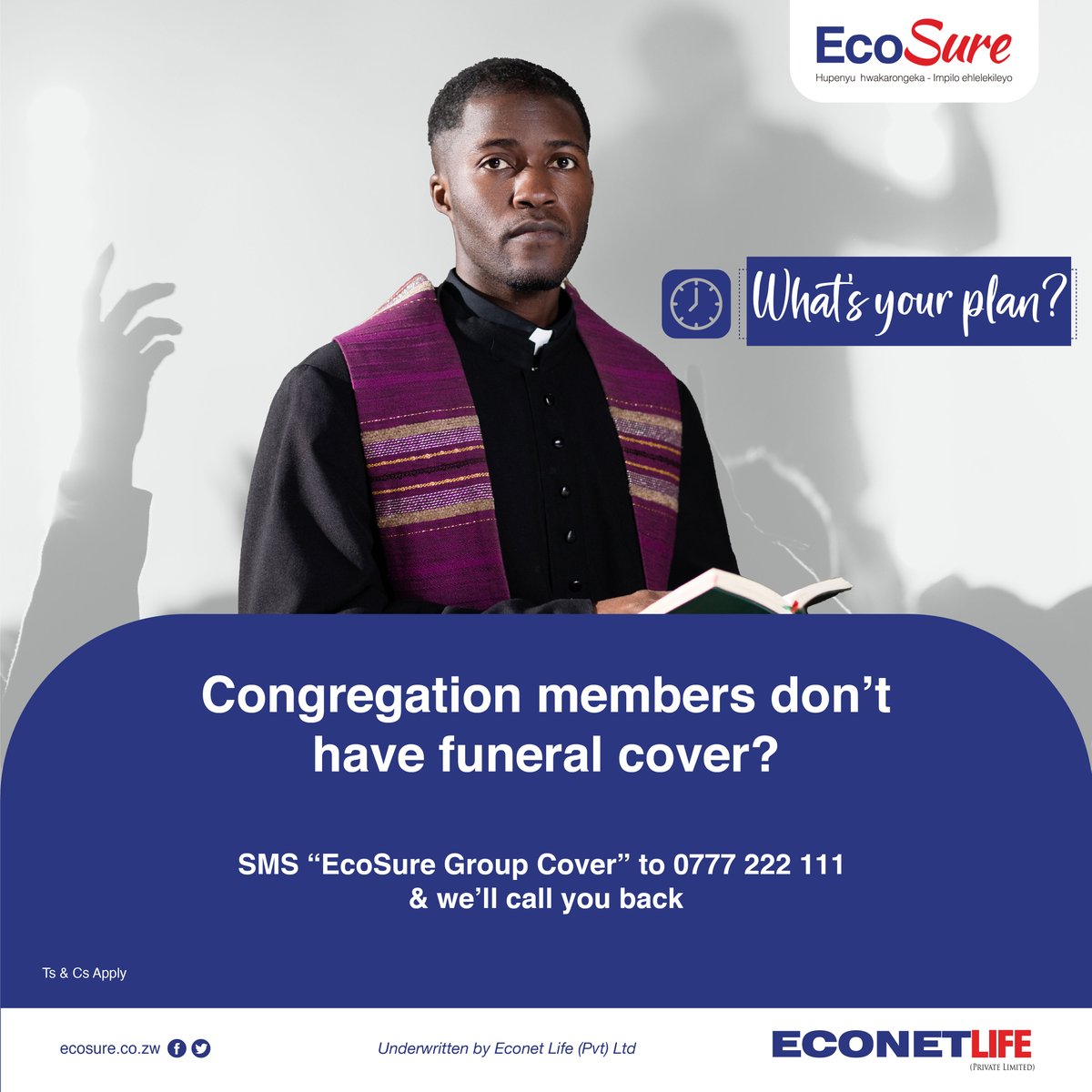 EcoSureZW's tweet image. As a leader, your congregation trusts you to help and guide them as they plan for their future. Encourage them to SMS “EcoSure Group Cover” to 0777 222 111 &amp;amp; we’ll call them back and get them covered.
#WhatsYourPlan
#GroupCover
#MakeAPlan