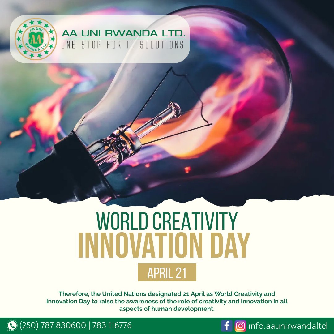 Let us celebrate the occasion of World Creativity and Innovation Day by thinking out of the box and looking for creative solutions to our problems. Warm wishes on this day to all.

#Rwanda #RwOT #RwotGain #aaunirwandaltd #worldcreativityandinnovationday #worldcreativityday