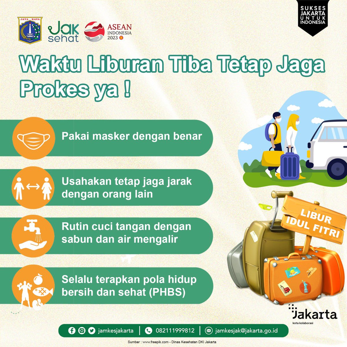 jamkesjakarta's tweet photo. Hai Sobat Jamkesjak👋🏻
Liburan adalah agenda yang selalu ditunggu tunggu. Namun liburan akan semakin berkesan apabila kesehatan tubuh kita terjaga.
Supaya tubuh tetap sehat jangan lupa untuk tetap menjalankan protokol kesehatan ya! 😉
#protokolkesehatan #tipsliburan #DKIJakarta https://t.co/73dY6aohw9