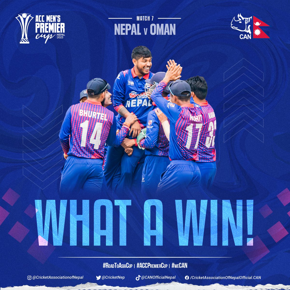 रातो र चन्द्र् सूर्य, जंगी निशान हाम्रो!! 🇳🇵

What a win!
Nepal won by 84 runs against Oman in our 50th ODI Match!
Fastest 100 ODI wickets, fastest hundred by a Nepali, highest ODI team total, this match had it all!

#NEPvOMN | #ACCPremierCup | #RoadToAsiaCup | #weCAN