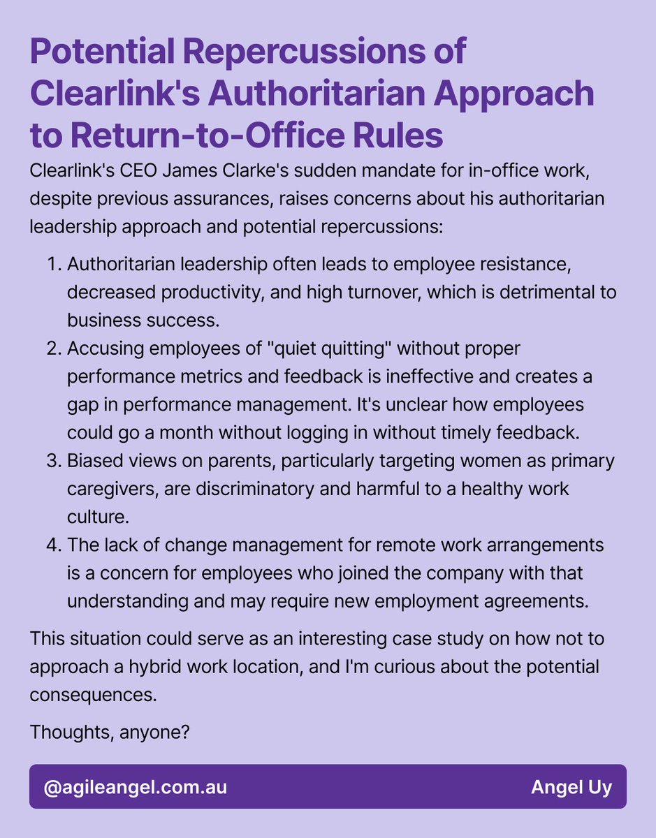 Potential Repercussions of Clearlink's Authoritarian Approach to Return-to-Office Rules

#Leadership #ReturnToOffice #FutureOfWork #Ship30For30