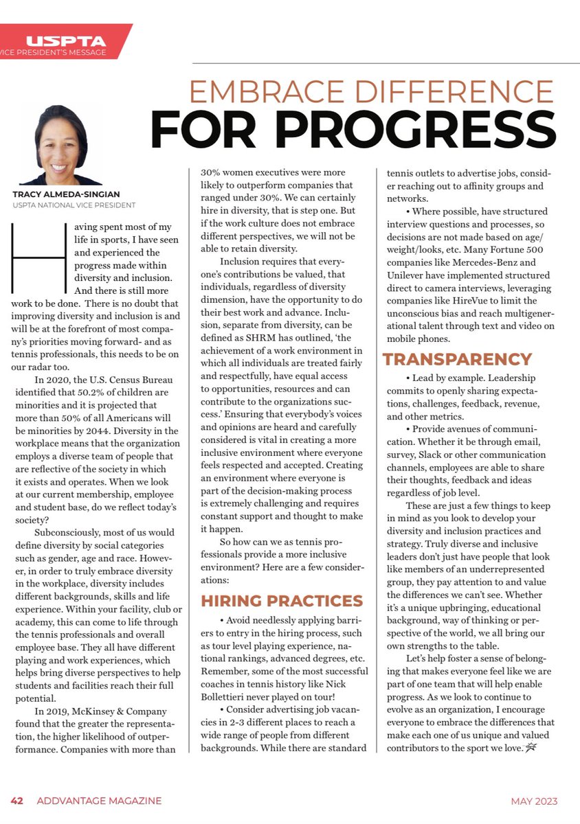 Diversity &amp; inclusion is a big topic in business today.
Are our choices helping position #tennis to be a thriving sport for the years to come?
Let’s embrace the differences that make each one of us unique &amp; valued contributors to the sport we love.
Check out @USPTA_Tennis 📖🎾